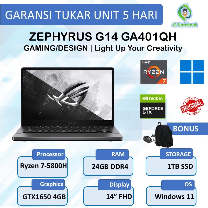 Asus Rog Zephyrus G14 2021 GTX1650 4GB Ryzen 7-5800HS 24GB 1TB SSD W11