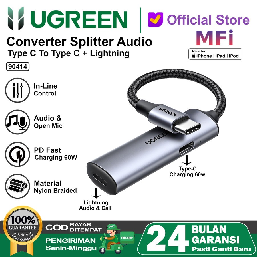 UGREEN Converter Splitter USB Type C To Lightning & Type C Audio+Call On Mic