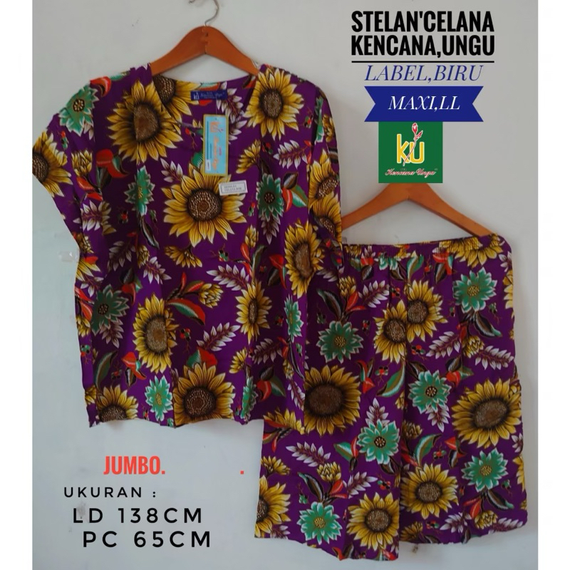 COD| Batik Kencana Ungu Maxi LL Jumbo Ld.138 cm Asli Label Biru /Setelan Baby Doll Jumbo Celana Kulo