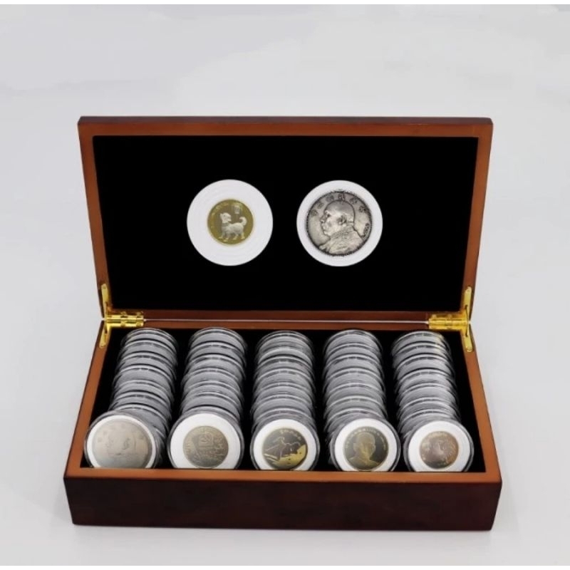 Box Kayu 50 Kapsul Koin Bulat 46 mm Busa 280 × 160 × 75 mm