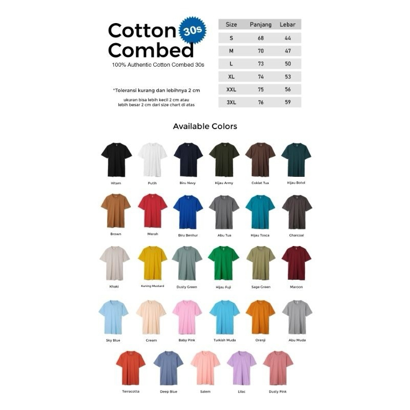 (Navy, Abu Tua, Hitam, Coklat, Hijau Botol) Kaos Polos Cotton Combed 30S