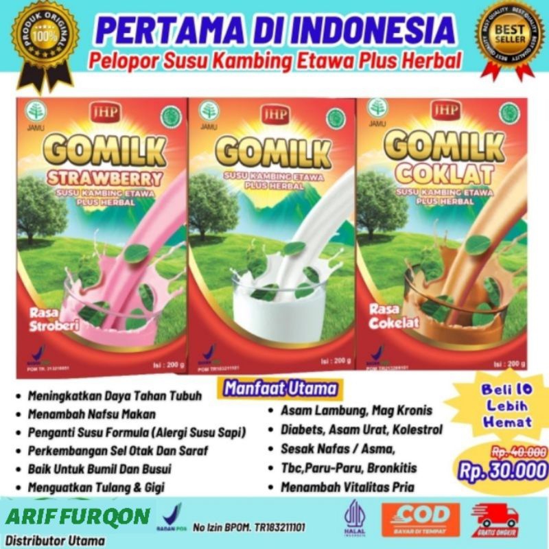 

GOMILK Susu kambing etawa plus herbal bubuk formula Penambah berat badan Penggemuk nafsu makan Sesak nafas Sendi Obat batuk asam urat Lambung