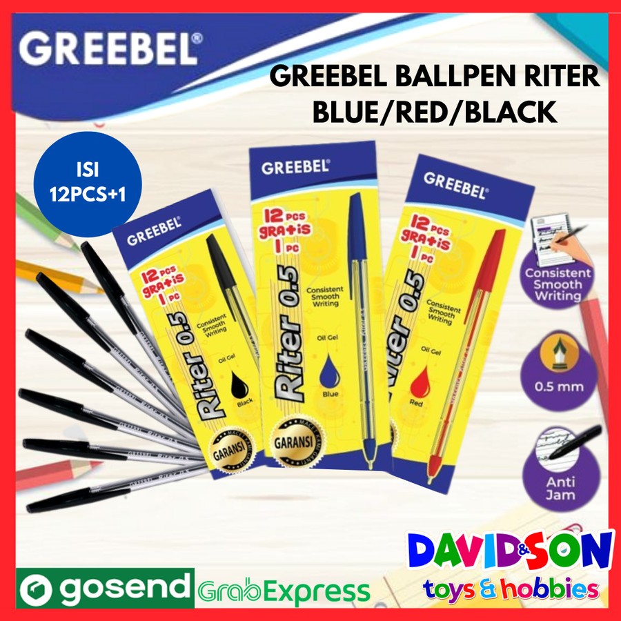

GREEBEL BALLPEN RITER 0.5 TINTA HITAM/MERAH/BIRU (12+1) / PULPEN 1 PAK