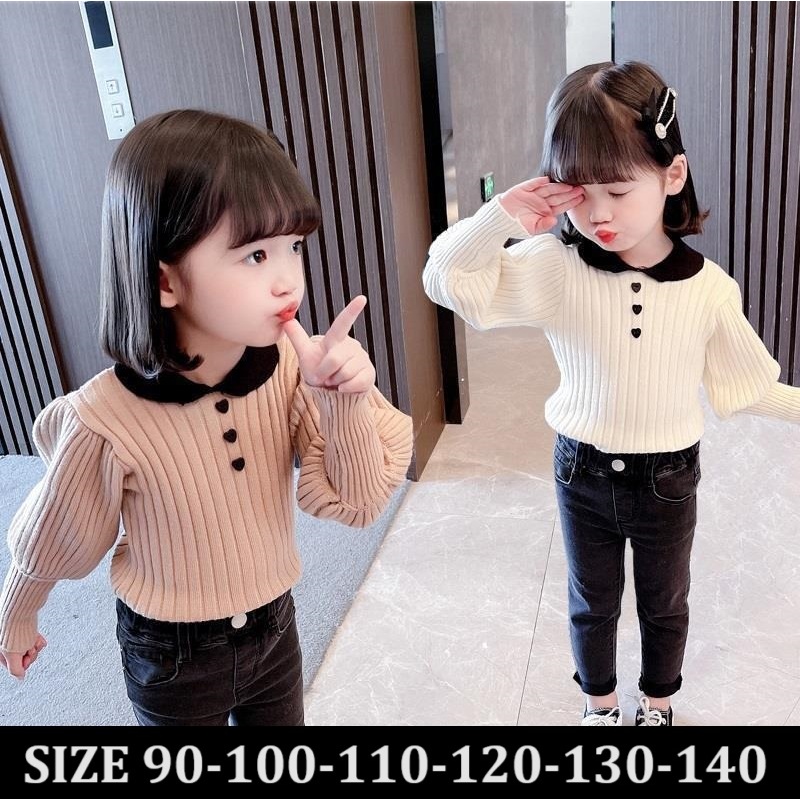 A002 Atasan blouse baju Korea kerah kemeja kekinian anak perempuan cewek lengan balon love bahan ela