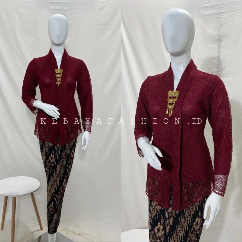 SETELAN KEBAYA BROKAT FLOY LENGAN PANJANG MIX ROK PLISKET BATIK DEWASA / BAJU KEBAYA WANITA MUSLIM M