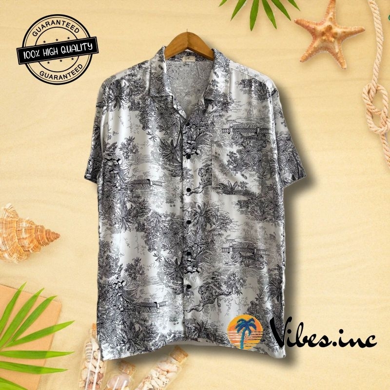 Kemeja Hawai Pantai Tropical Casual Harian Santai Pria Wanita Big Size Jumbo Motif Pohon Hitam Putih