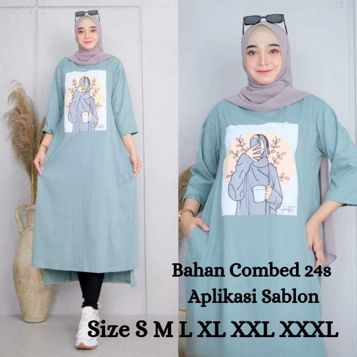 Gamis Wanita Terbaru Adora Midi Dress BO Size S M L XL XXL XXXL LD 90-130 CM Bahan Kaos Katun Combed