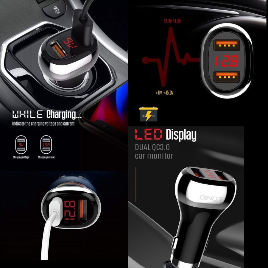 MH - Charger Mobil 36w Dual Usb QC 3.0 Display Voltmeter Digital Ldnio