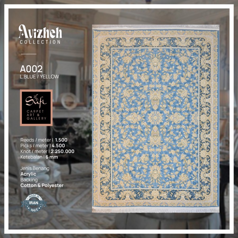 Karpet Lantai Tebal Premium Iran Avizheh A002 L.Blue Yellow 120x170