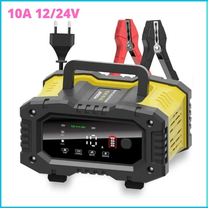 COD Cepat FOXSUR Charger Baterai Aki Mobil Motor Portable 10A 150W 12/24V / Cas Aki 10A Pengisian Ce