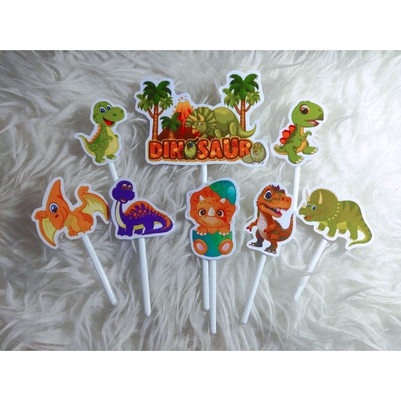 Topper Cake Ultah/Dinosaurus/8Pcs/Fullstick/Free Custom Nama & Tulisan