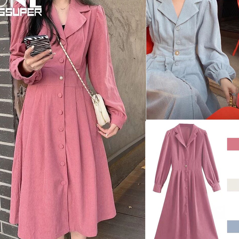 Free Ongkir Gaun korduroi Prancis lengan panjang setelan retro kerah pinggang rok panjang sedang