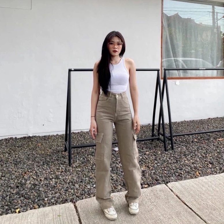 XPRESS Yma Fashion  Celana Jeans Cargo Wanita  Hightwaist Celana Jeans Cargo