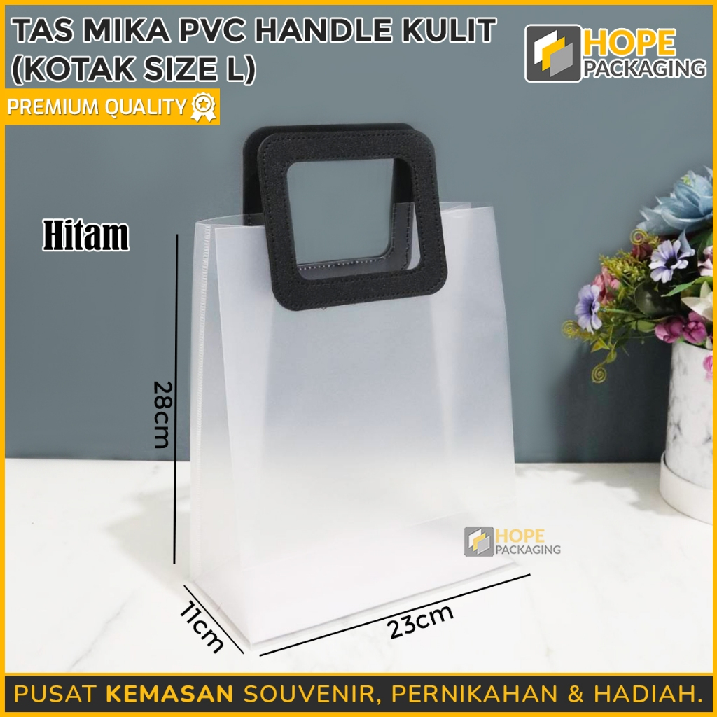 

Tas Mika PVC Doff Size L : 23x28x11cm/ Tas Mika Handle Kulit / Goodie Bag Transparan / Tas Hampers Handle Kulit Bulat/Kotak