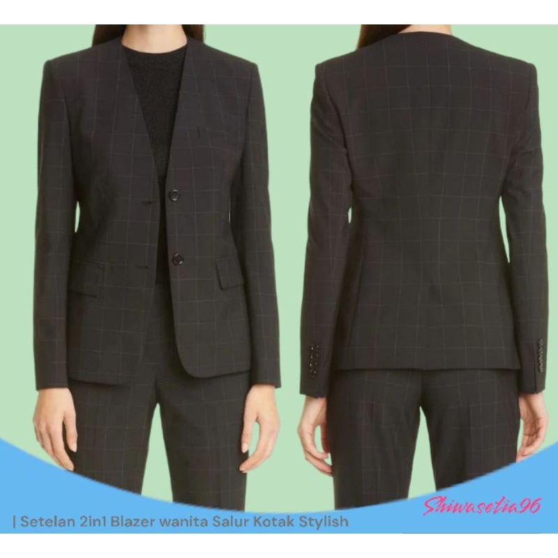 Setelan Jas Blazer perempuan Tanpa Kerah Motif Kotak-Kotak / baju Seragaman Kantor wanita