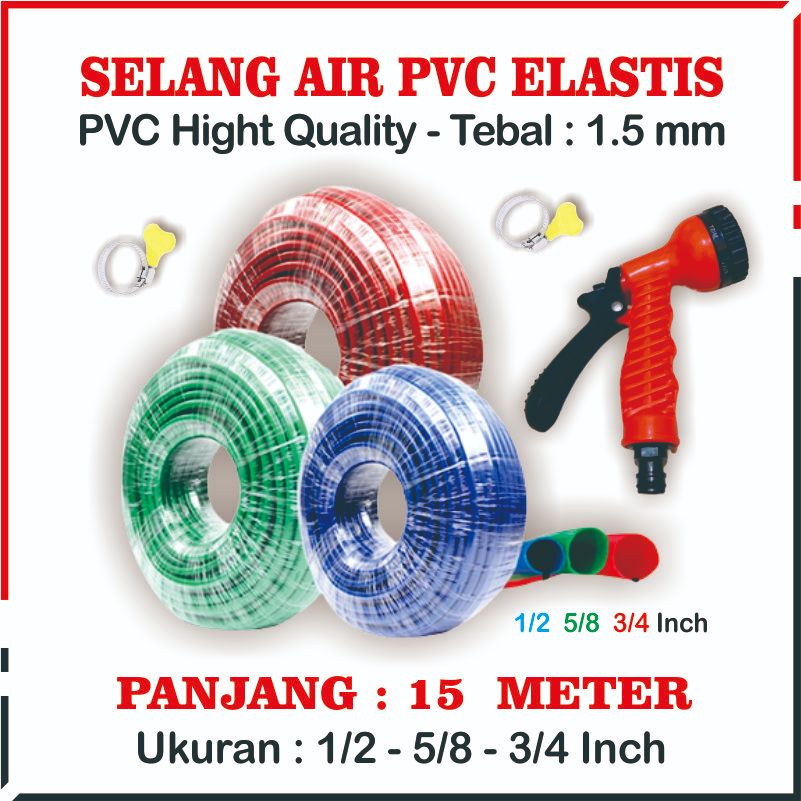PAKET SELANG AIR TAMAN / 15 METER SELANG AIR ELASTIS 1/2 - 5/8 - 3/4 INCH & SEMPROTAN AIR 7 POSISI