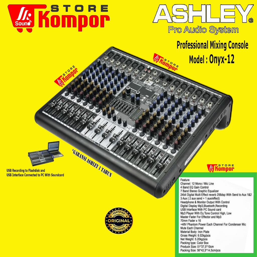 MIXER AUDIO ASHLEY ONYX12 / ONYX 12 12CHANNEL BLUETOOTH USB ONYX-12