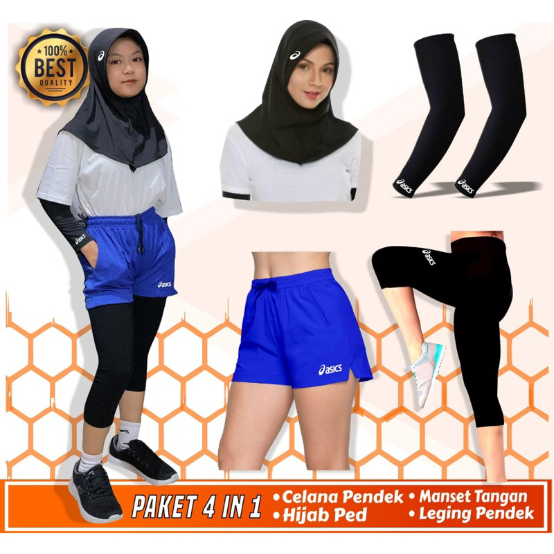 Paket Pakaian Perempuan Hand sleeve jilbab instan leging 7/8 dan celana pendek voli - Set leging pen