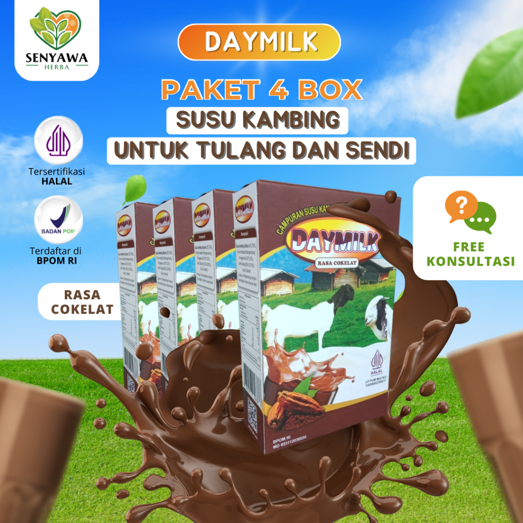 

PAKET 4 BOX SUSU DAYMILK RASA COKELAT - Susu Kambing Etawa Bubuk Premium - Memelihara Kesehatan Tulang, Sendi, Meminimalisir Gejala Asam Lambung, Maag, Diare, Melegakkan Pernapasan Sesak dan Tidak Bau Prengus - 200gr Halal BPOM