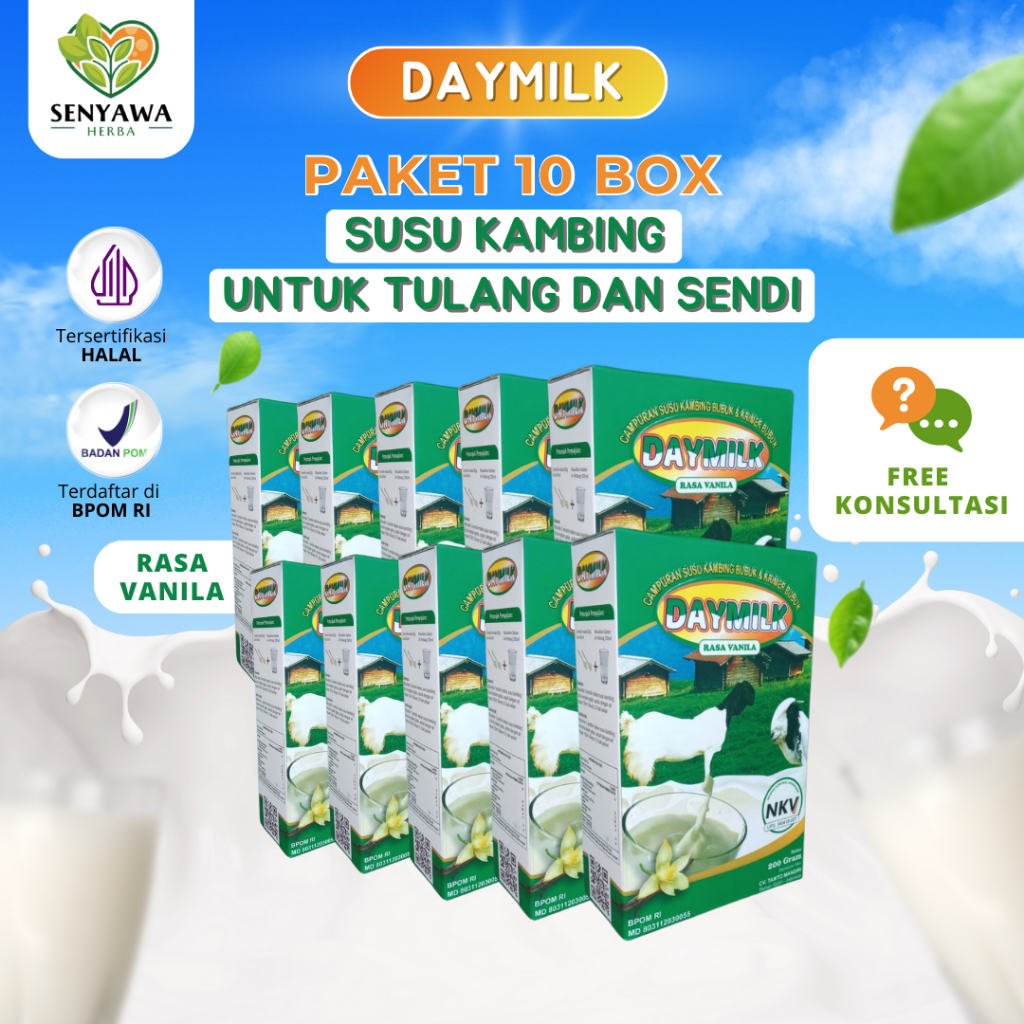 

PAKET 10 BOX SUSU DAYMILK RASA VANILA - Susu Kambing Etawa Bubuk Premium - Memelihara Kesehatan Tulang, Sendi, Meminimalisir Gejala Asam Lambung, Maag, Diare, Melegakkan Pernapasan Sesak dan Tidak Bau Prengus - 200gr Halal BPOM