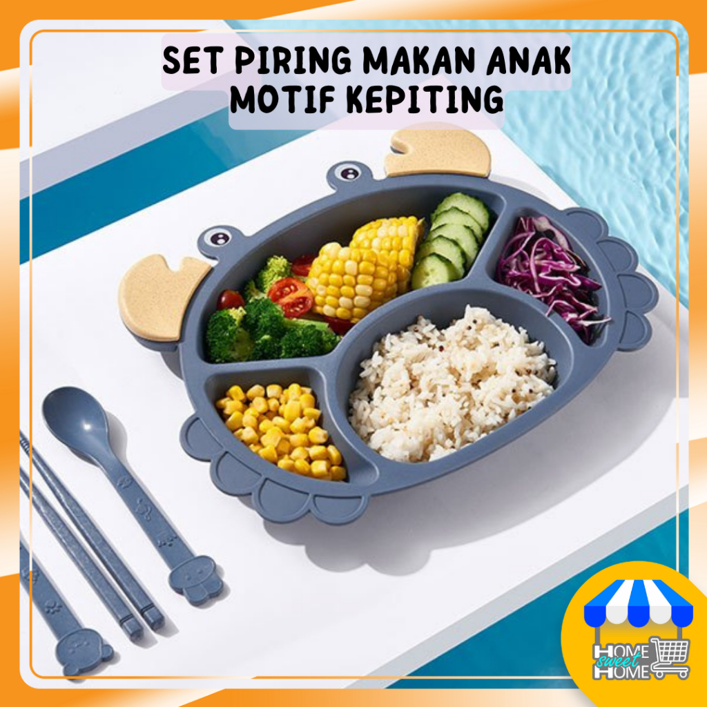 Set Piring Makan Anak Bahan Jerami BPA Free Motif Kepiting Lucu Free Sendok Garpu Wheatstraw