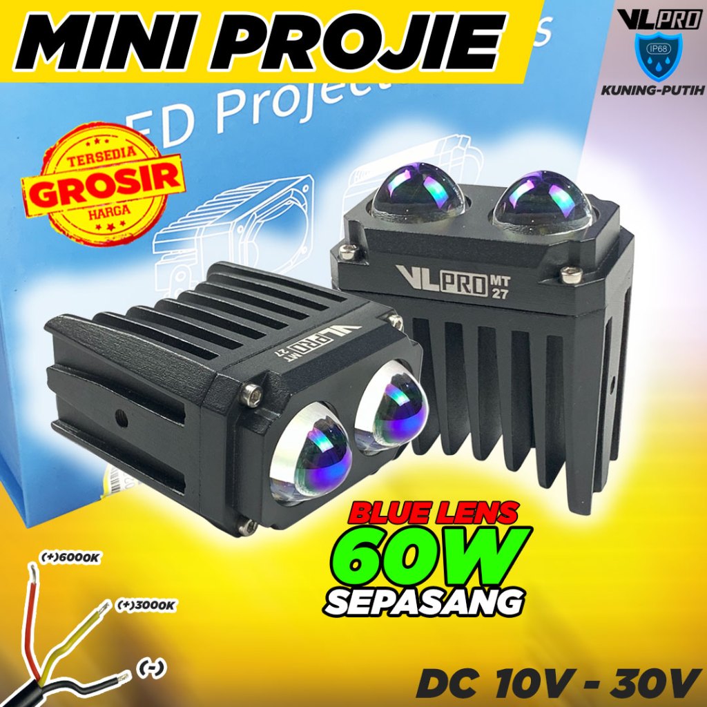Mini Projie 2 Mata Bluelens Bi-LED Original VLPRO MT27 Laser Gun Projector Double Color KUNING PUTIH