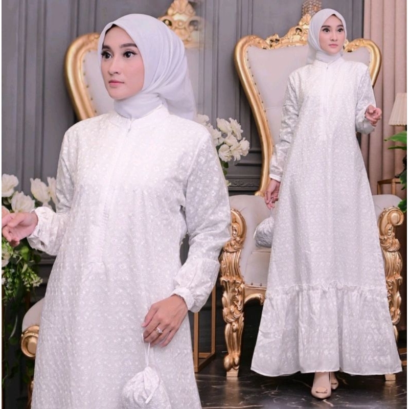 GAMIS IHROM PUTIH KATUN BORDIR PREMIUM//GAMIS REMPEL BAWAH WANITA PUTIH ALEENA//PERLENGKAPAN HAJI DA