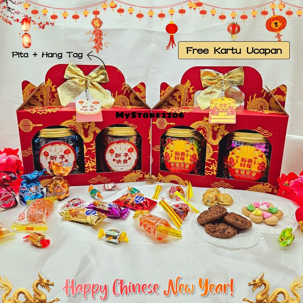 

1212 Terlaris 2 JAR Hampers Parcel Chinese New Year Tahun Baru Imlek 224 Permen Jelly Cokelat Cookies Kue Kering Choco Chips Gem Rose Soes Chocolate isi 2 Jar 6ml Hampers Chinese New Year