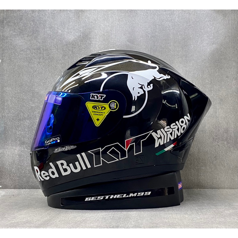 KYT R10 Solid Black Glossy - Paket Ganteng Stiker Redbull - Helm Full Face - Single Visor