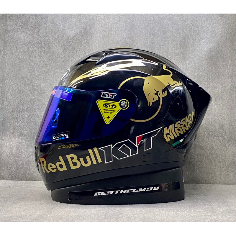 KYT R10 Solid Black Glossy || Paket Stiker Redbull Gold - Helm Full Face - Single Visor