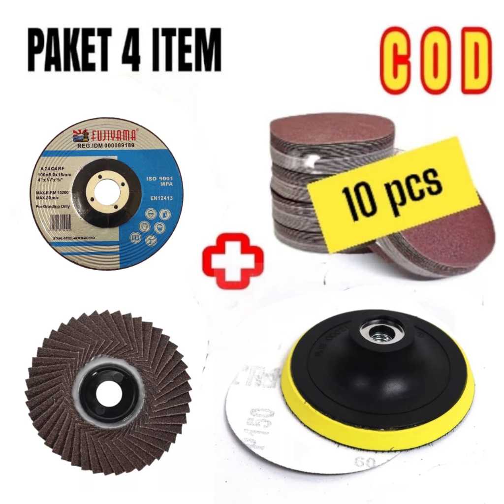 PAKET WD 10PCS - TATAKAN AMPLAS 4" + AMPLAS VELCRO 4" + BAUT KONEKTOR M10 + FLAP DISH AMPLAS