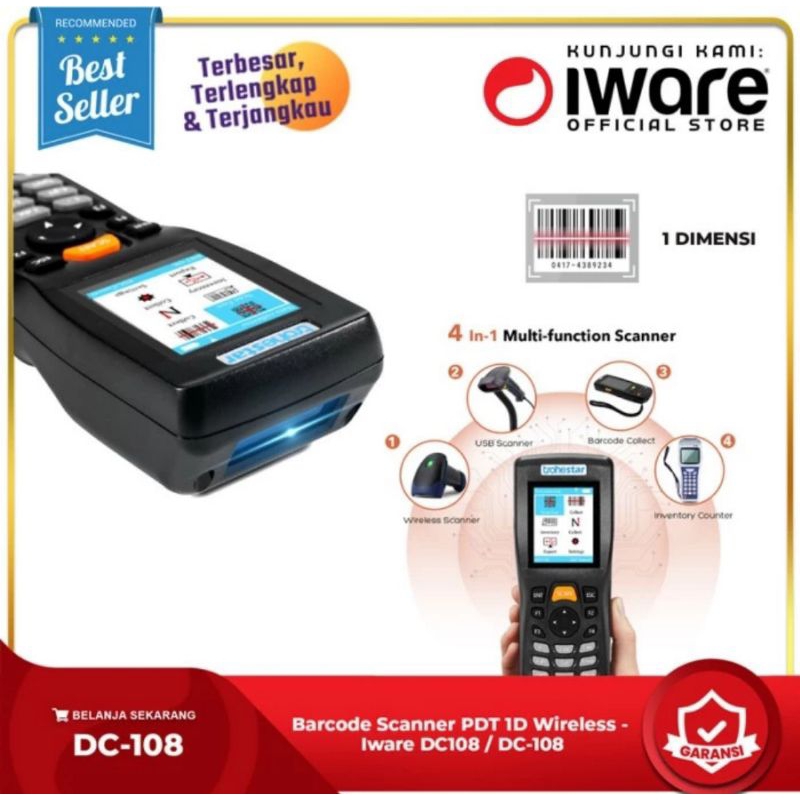 BARCODE SCANNER PDT 1D WIRELESS -IWARE DC108