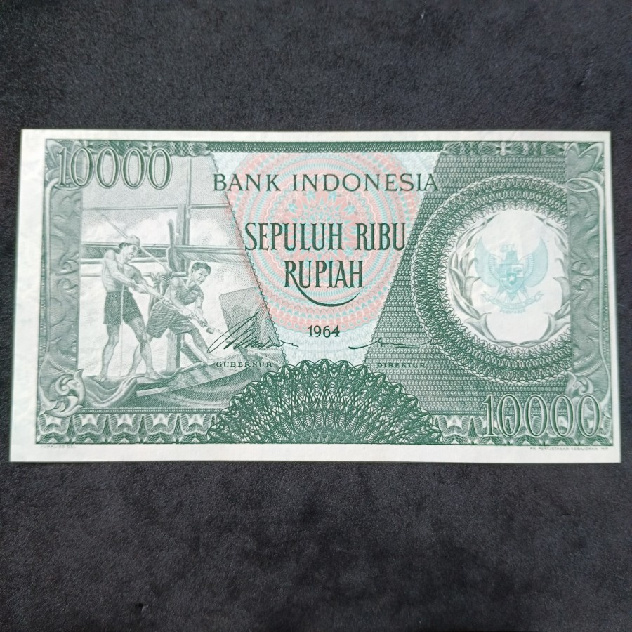 Uang Kuno 10000 Rupiah Seri Pekerja Hijau wm Garuda 1964 UNC Langka