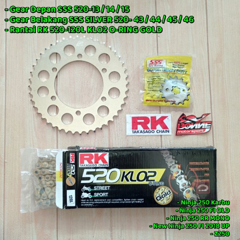 Gear Gir Set SSS Rantai RK ORING Ninja 250 Karbu, Ninja 250 FI OLD, Z250, Ninja 250 RR MONO, New Nin