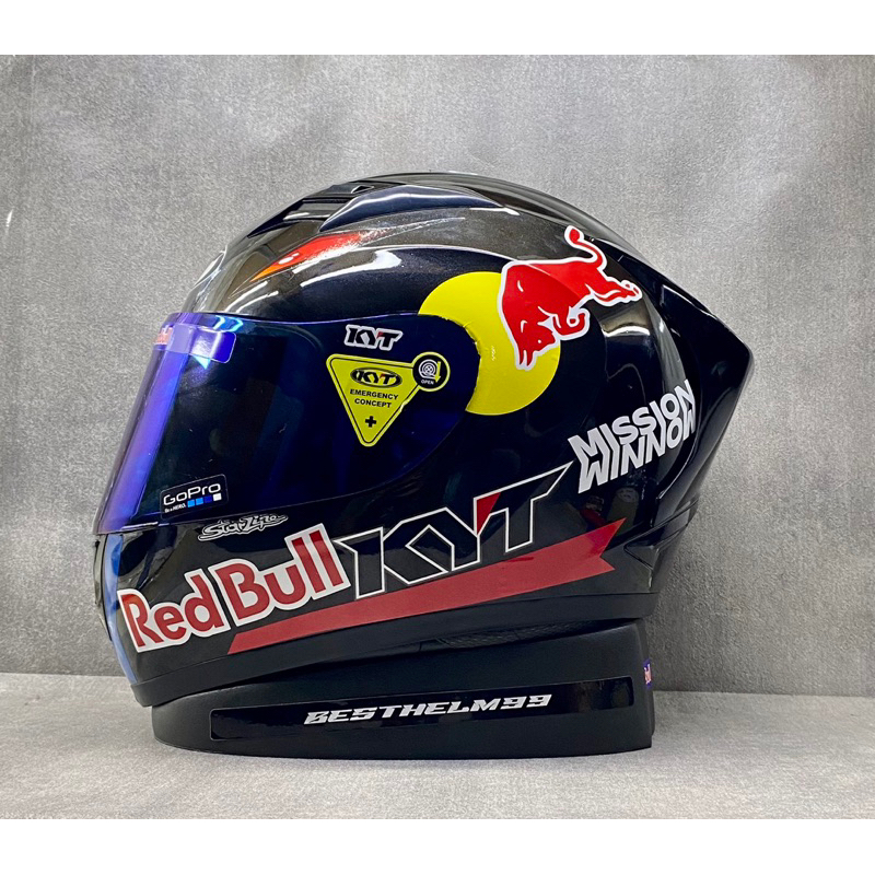 KYT R10 Solid Black Glossy - Paket Stiker Redbull Red - Helm Full Face  - Single Visor