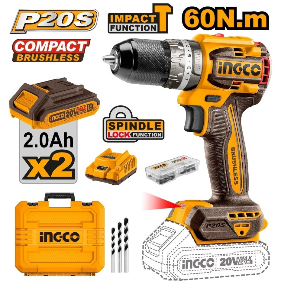 INGCO CIDLI20602 Bor Cordless Brushless 20v (13mm) / Impact Drill Ingco 20602