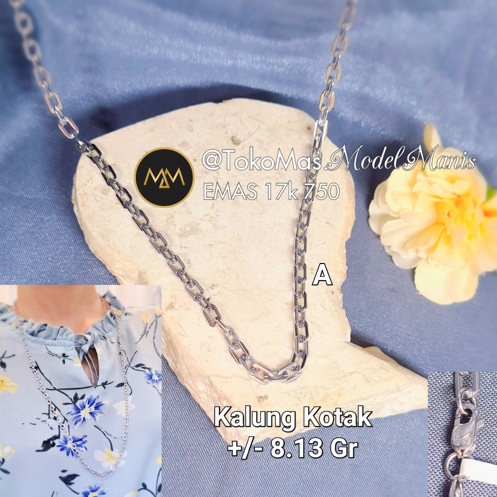 Kalung Rantai Nori Ukir Panjang Emas putih kadar 750