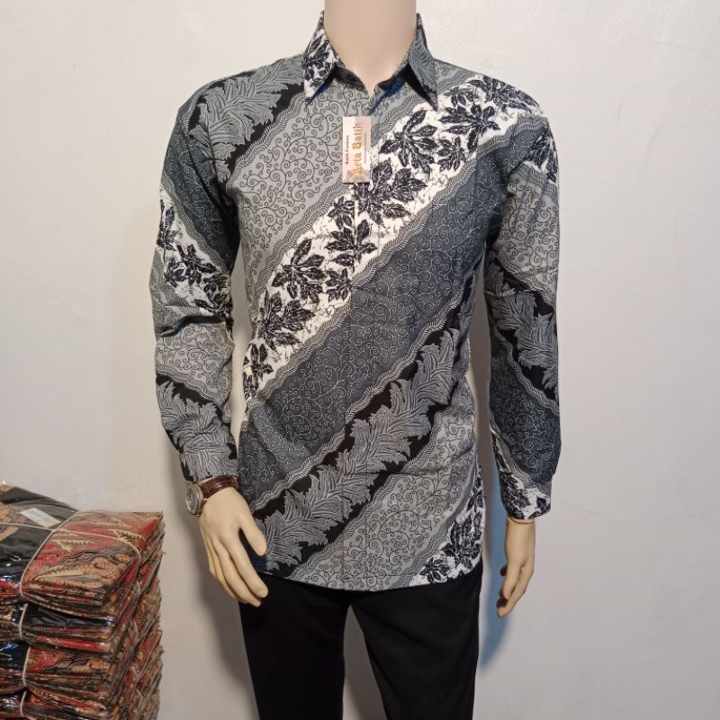 kemeja batik lavender putih abu original arta batik super KODE 008 batik premium l batik abu-abu l b