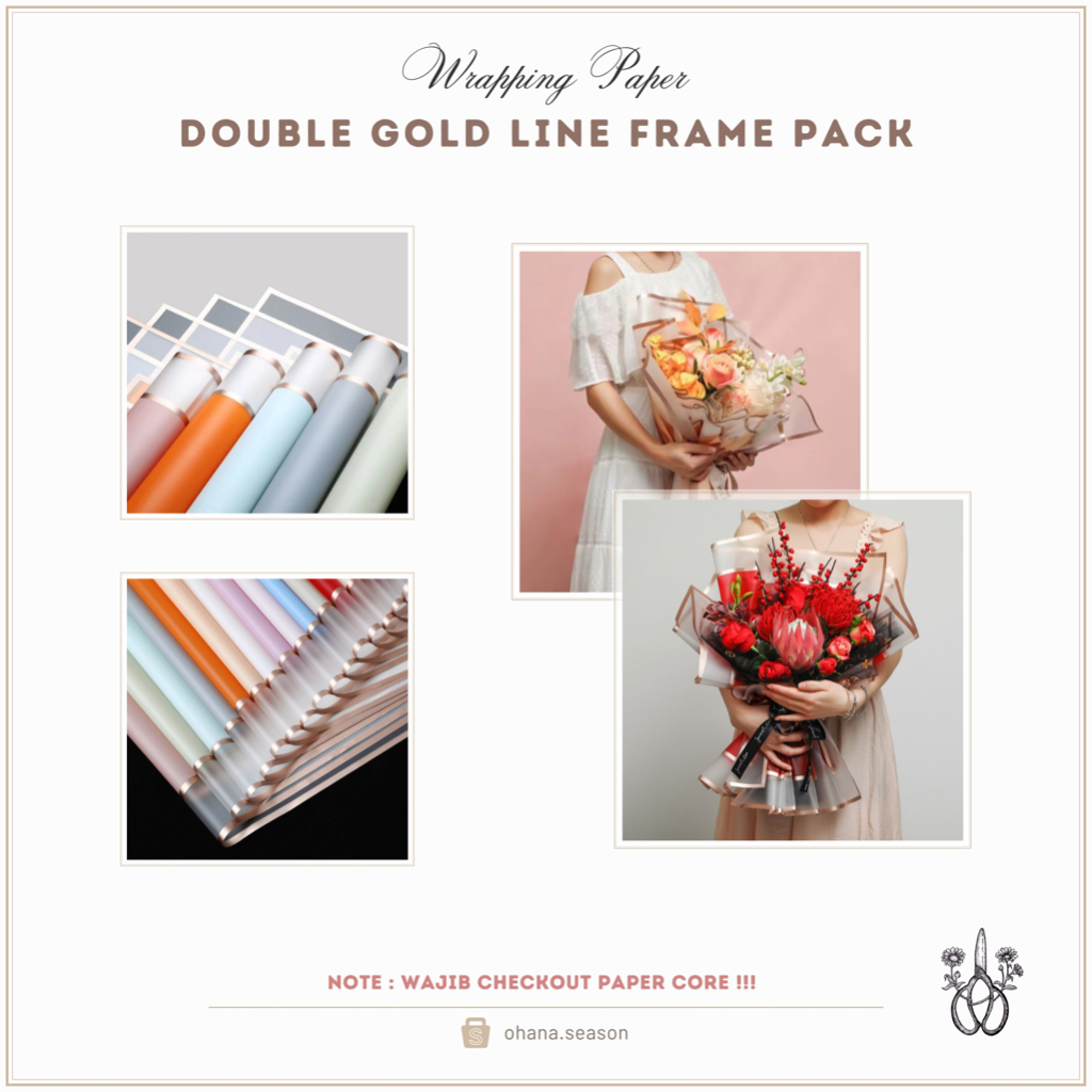 

1 PACK/20 LEMBAR Ohana Season Wrapping Paper Kertas Bunga Double Gold Line Frame Cellophane 58x58 cm