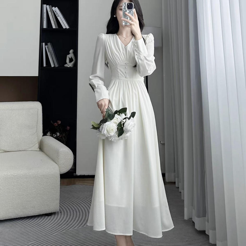 Dress Putih Premium | White Long Dress | Dress Lengan Panjang | Original By Fadfad  |  Baju Gamis Putih Wanita | Dress Korean Style Casual Style  | Dress Wanita Korean Style | Elegant Pantai Dress  |Baju Putih Wanita Muslim Wanita  Dress Lebaran