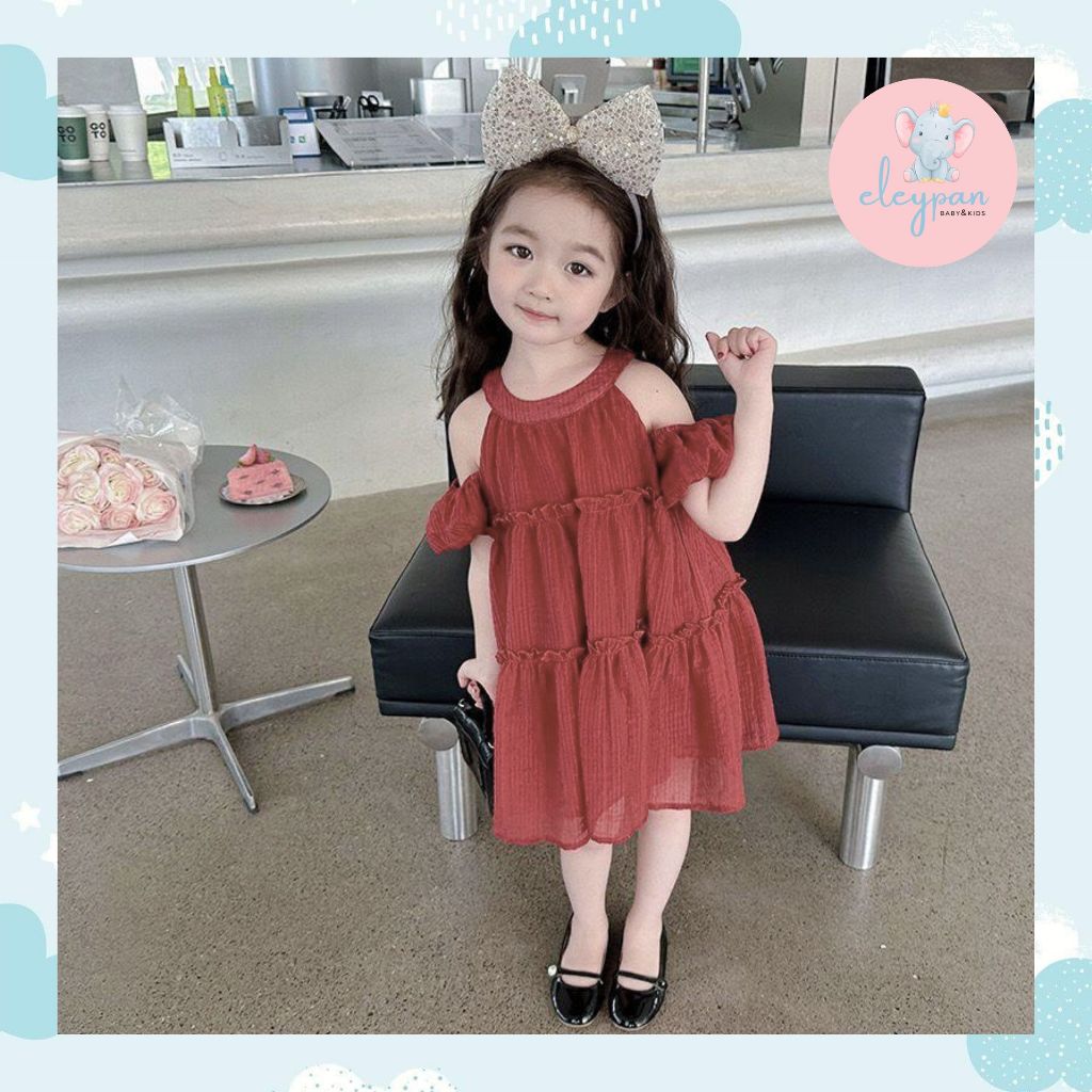 Gaun Pesta Anak  Premium Party Dress Model Sabrina Off-Shoulder Halter Neck Merah Bata Maroon