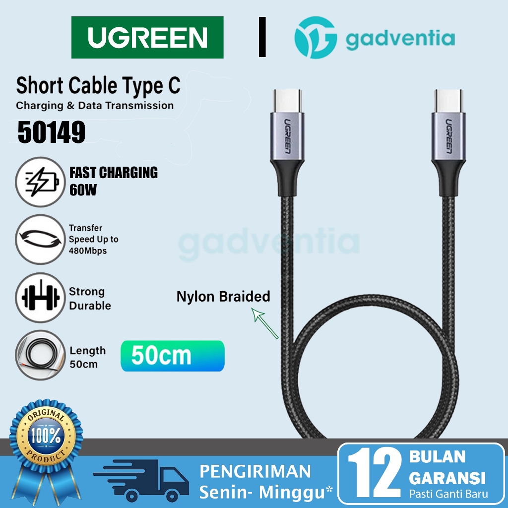 UGREEN 50149 Kabel Usb C to C PD Fast Charging 60W 100W Pendek Type C To Type C Powerbank Untuk Andr