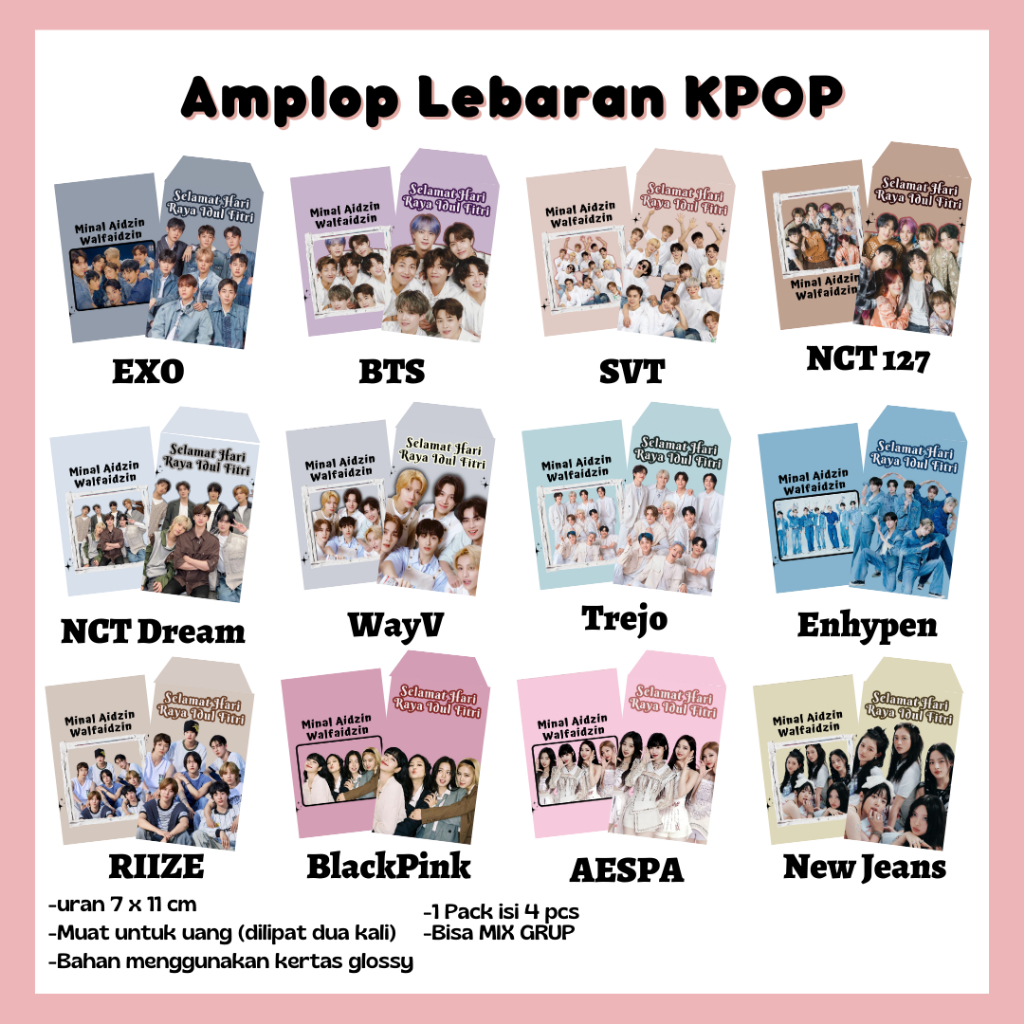 

Amplop Lebaran KPOP NCT EXO BTS BP SEVENTEEN AESPA TREASURE ENHYPEN NEW JEANS/Angpau Lebaran KPOP /Amplop THR KPOP Selamat Hari Raya Idul Fitri