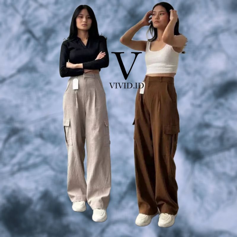VIVID - Cargo Crincle Highwaist Celana Wanita Warna Hitam, Cream, Choco, Grey. Standar size - Jumbo 