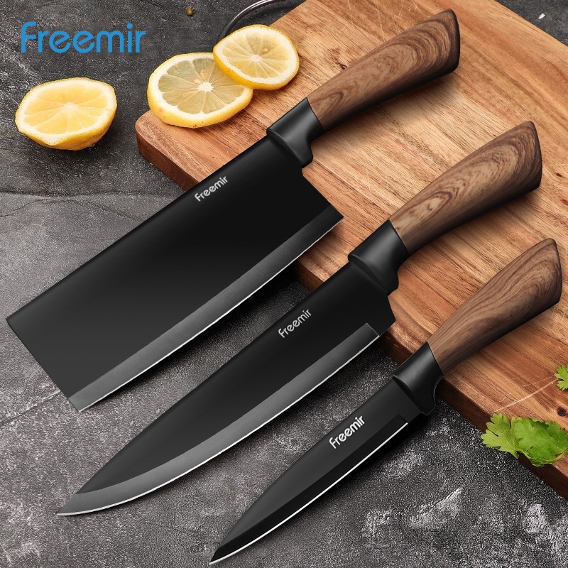 Freemir Set Pisau Dapur Freemir 3-Pcs dengan Pegangan Imitasi Kayu Pisau Elegan Pisau Daging Pisau B