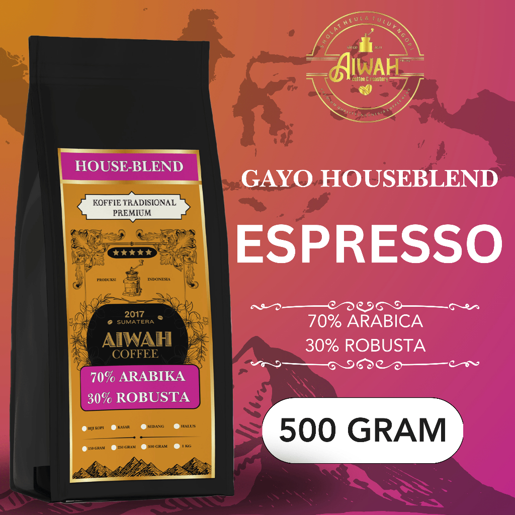 

Biji Kopi Bubuk Houseblend 70:30 Arabika Robusta Gayo Aiwah 500 Gr
