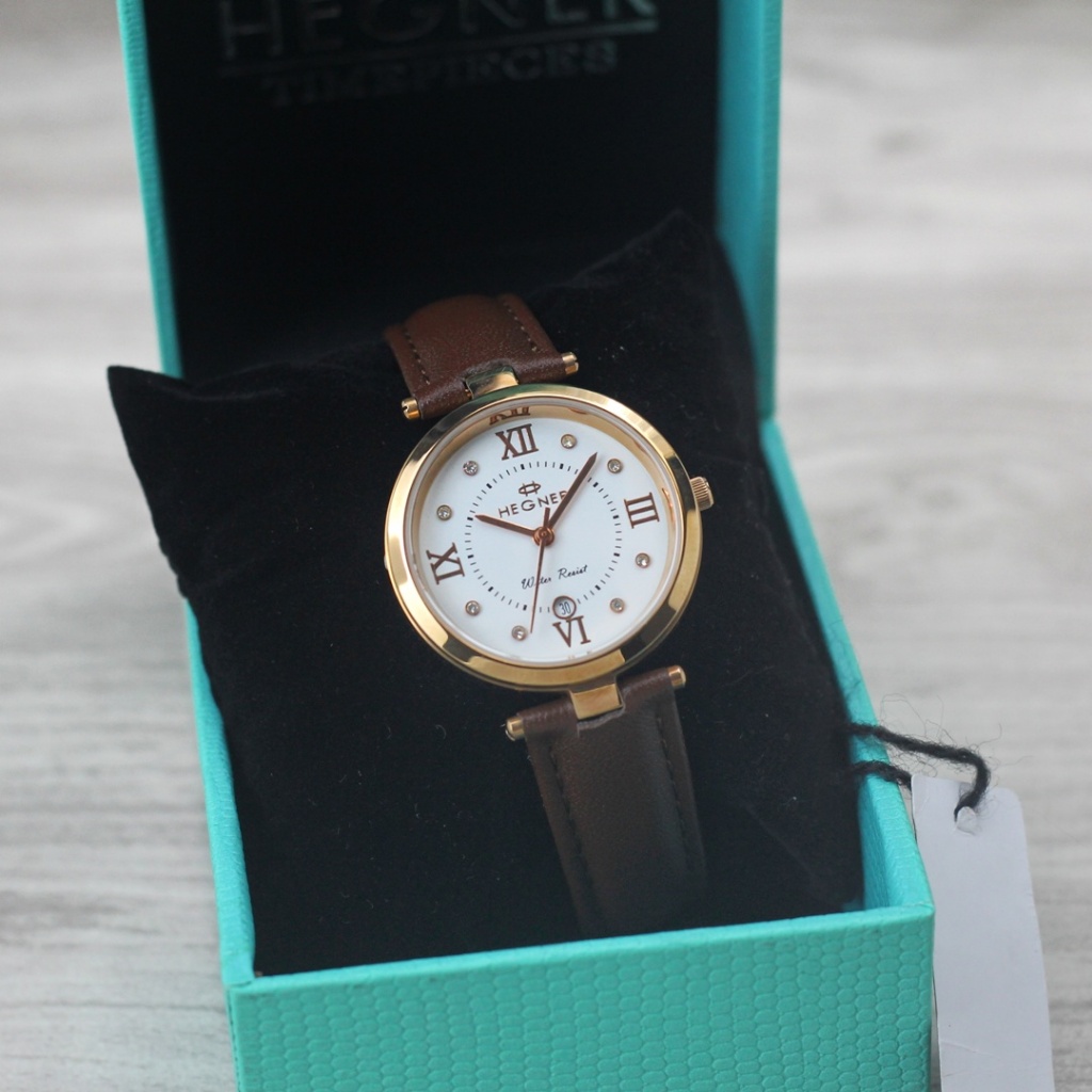 Jam tangan Wanita Hegner 412L tali kulit tanggal aktif analog original