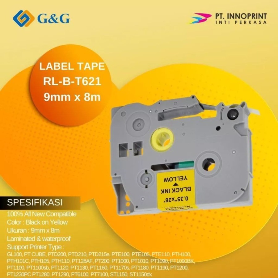 

Label tape G&G for Brother Label Tape TZE-621 9mm x 8m Black ink Yellow