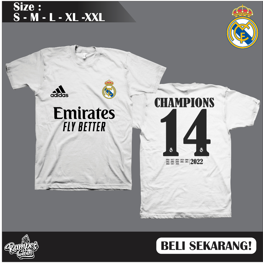 Kaos Distro REAL MADRID 14 CHAMPIONS LEAGUE//Kaos Real madrid Cotton Combed 30s Premium R662