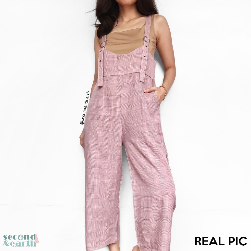 JRep Jumpsuit (S) Terusan Celana Panjang Tanpa Lengan Romper Jumper Motif Kotak Merah Muda Sleeveles